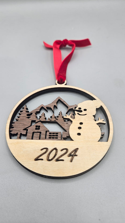 Cabin and Snowman Ornament
