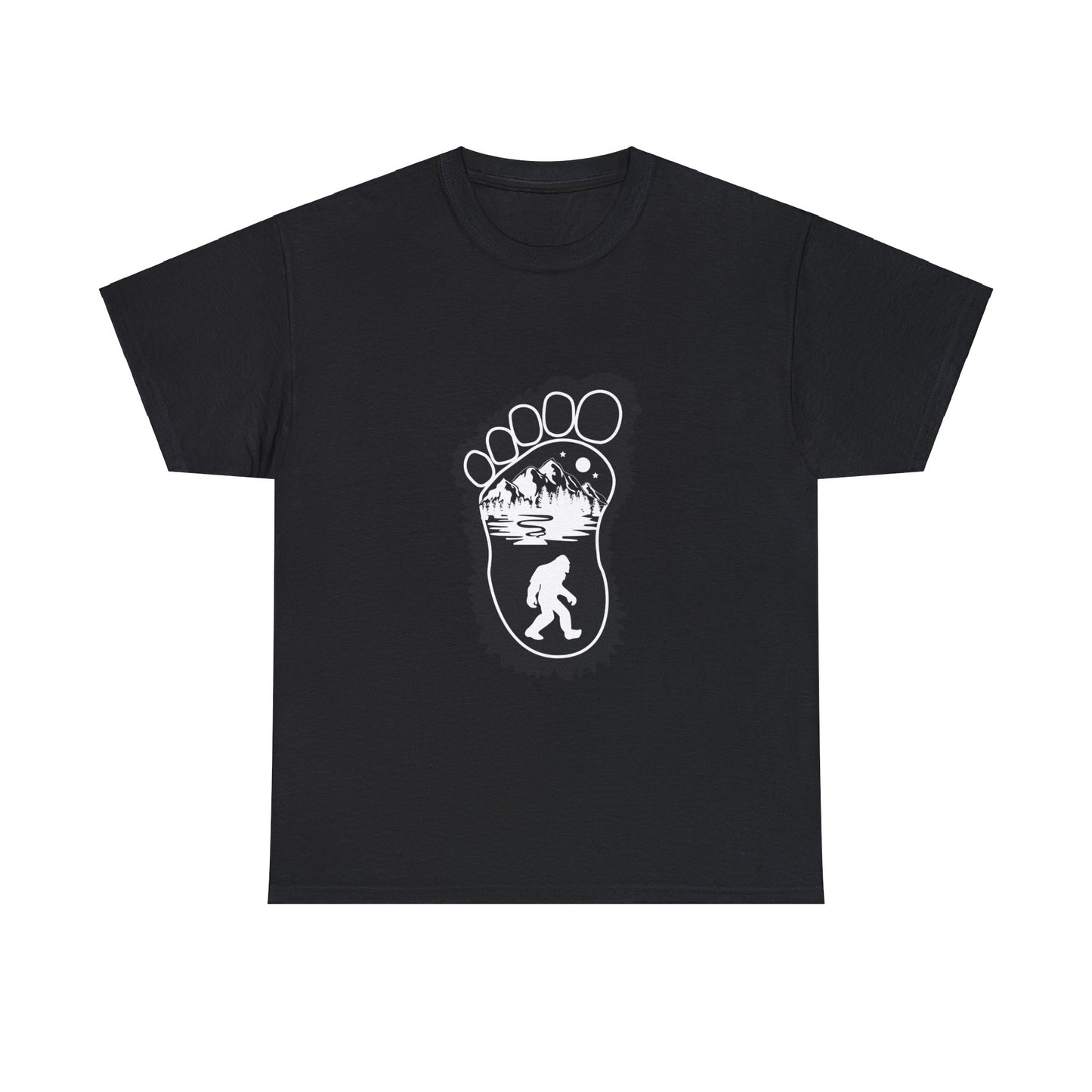Bigfoot Print with Mountains T-Shirt - Unisex Heavy Cotton Tee