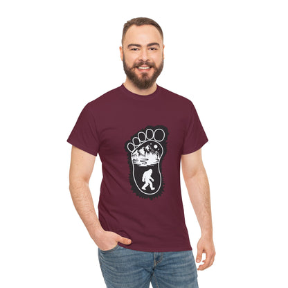 Bigfoot Print with Mountains T-Shirt - Unisex Heavy Cotton Tee