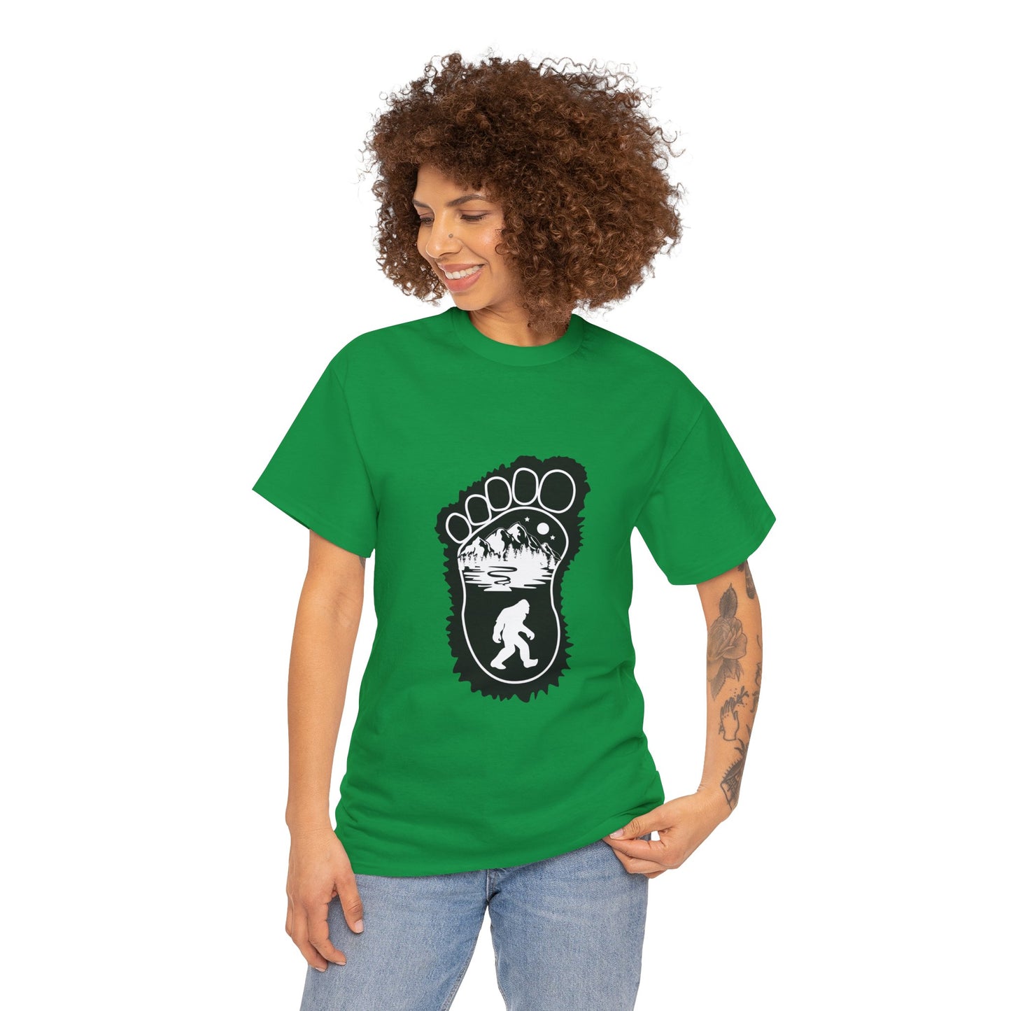 Bigfoot Print with Mountains T-Shirt - Unisex Heavy Cotton Tee