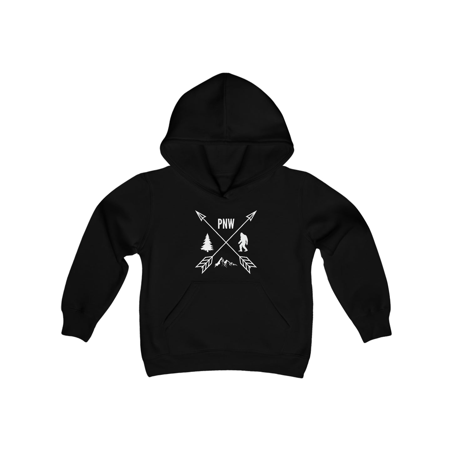 Pacific Northwest PNW Crossed Arrows with Bigfoot Hoodie - Youth Heavy Blend Hooded Sweatshirt