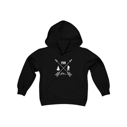 Pacific Northwest PNW Crossed Arrows with Bigfoot Hoodie - Youth Heavy Blend Hooded Sweatshirt