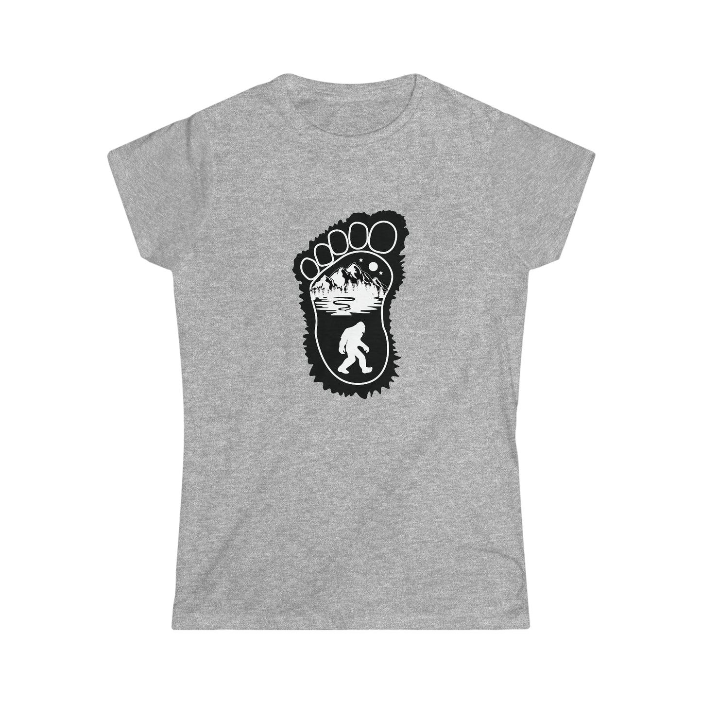 Bigfoot Print with Mountains - Women's Softstyle Tee - Bigfoot Bigheart Studio