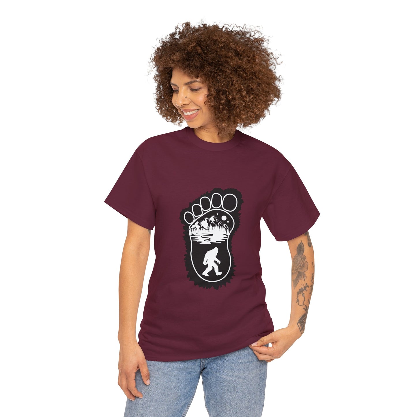 Bigfoot Print with Mountains T-Shirt - Unisex Heavy Cotton Tee