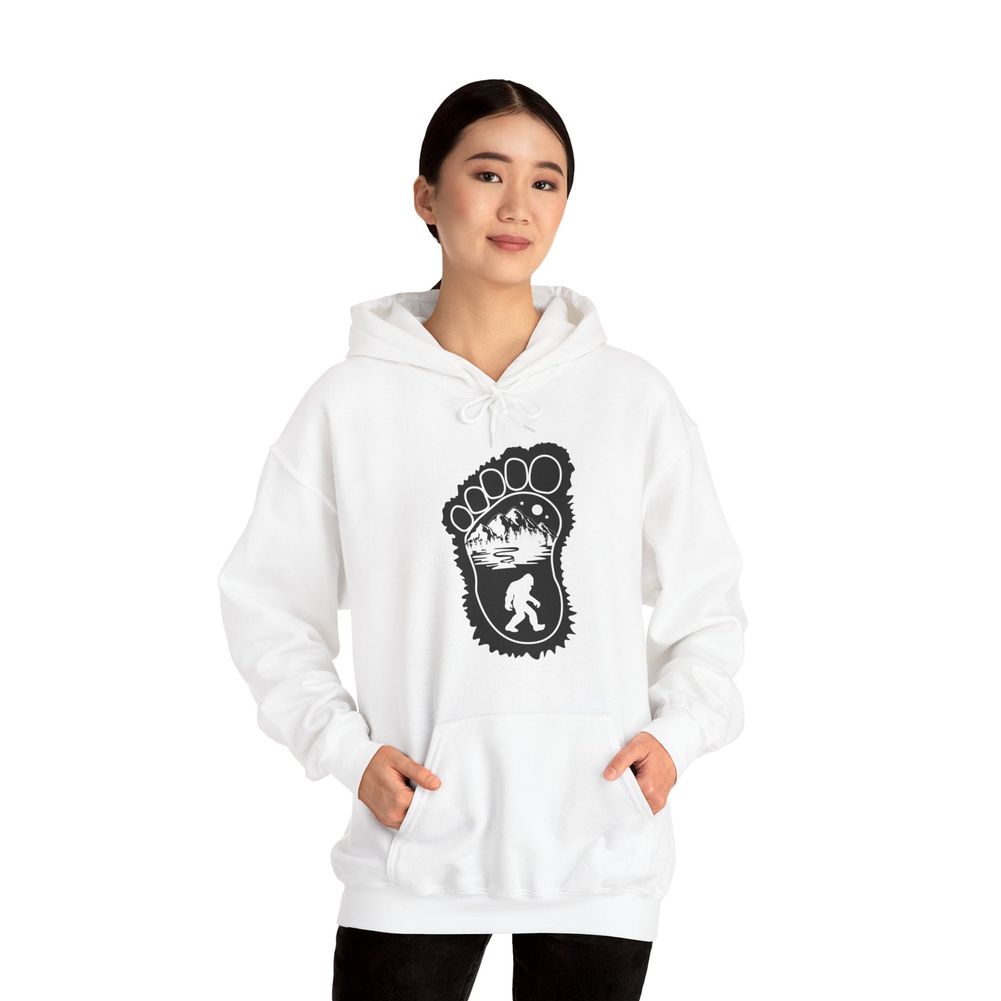 Bigfoot Print with Mountains - Unisex Premium Pullover Hoodie - Bigfoot Bigheart Studio