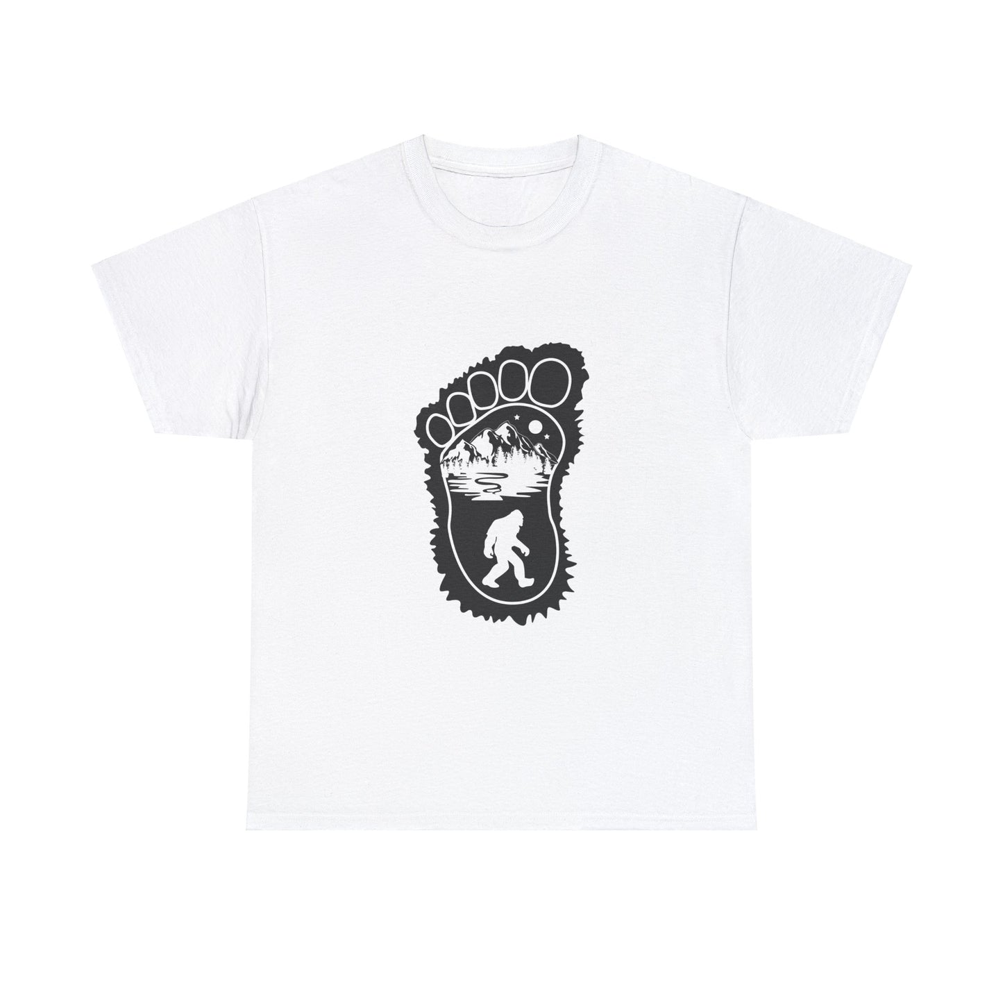 Bigfoot Print with Mountains T-Shirt - Unisex Heavy Cotton Tee