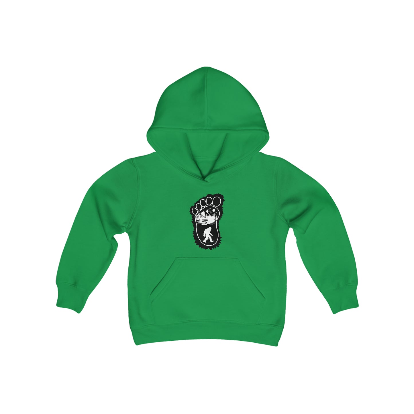 Bigfoot Print with Mountains Hoodie - Youth Heavy Blend Hooded Sweatshirt