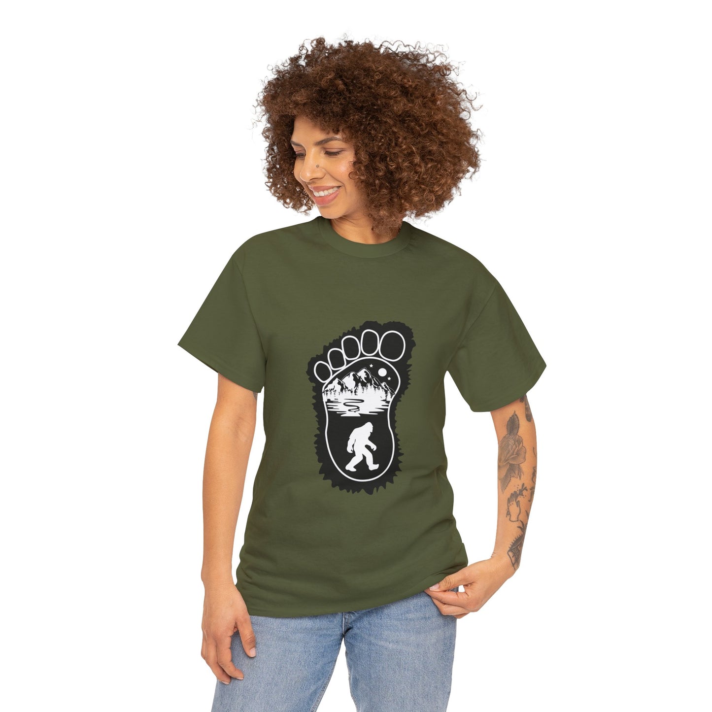 Bigfoot Print with Mountains T-Shirt - Unisex Heavy Cotton Tee