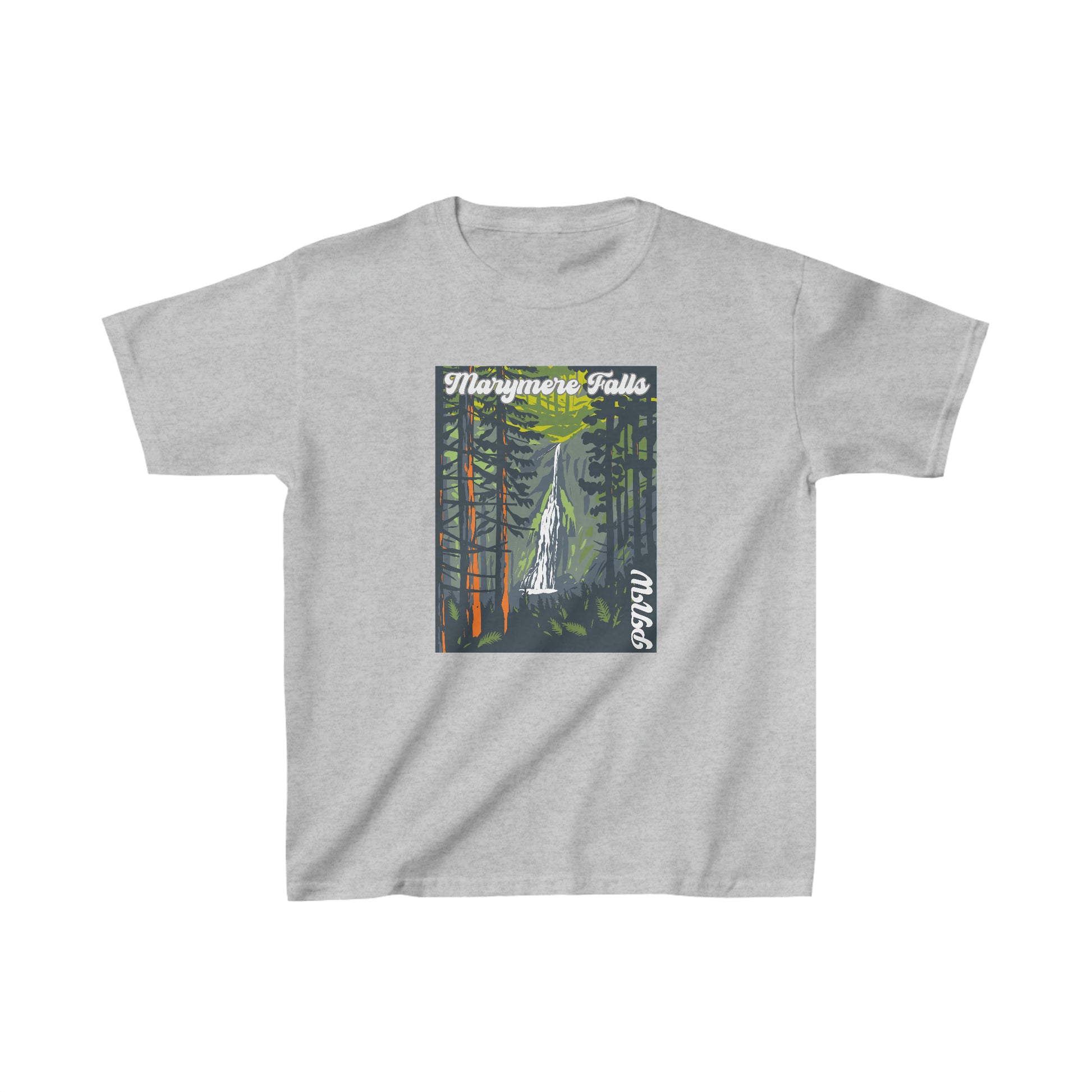 PNW Marymere Falls Youth Tee - Kids Heavy Cotton™ Tee - Bigfoot Bigheart Studio