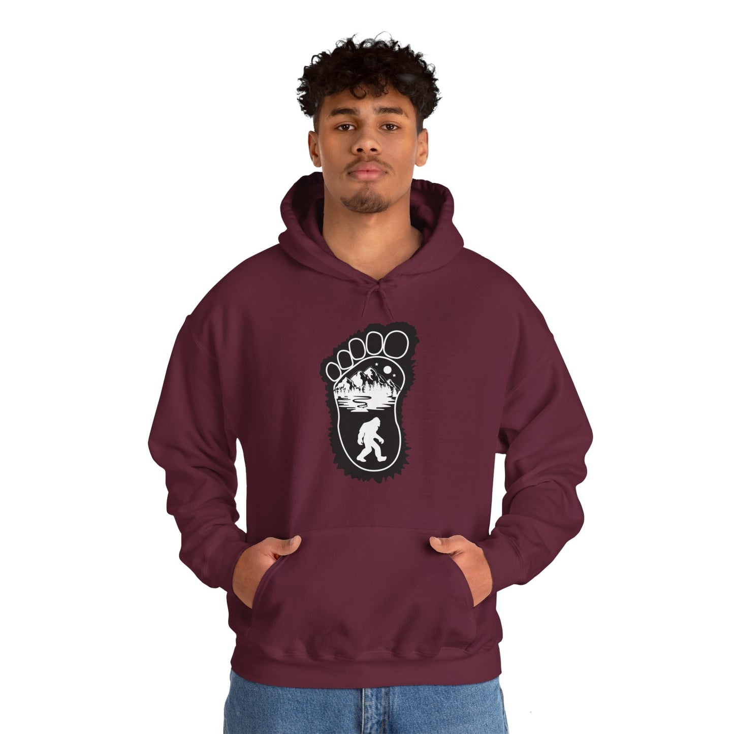 Bigfoot Print with Mountains - Unisex Premium Pullover Hoodie - Bigfoot Bigheart Studio