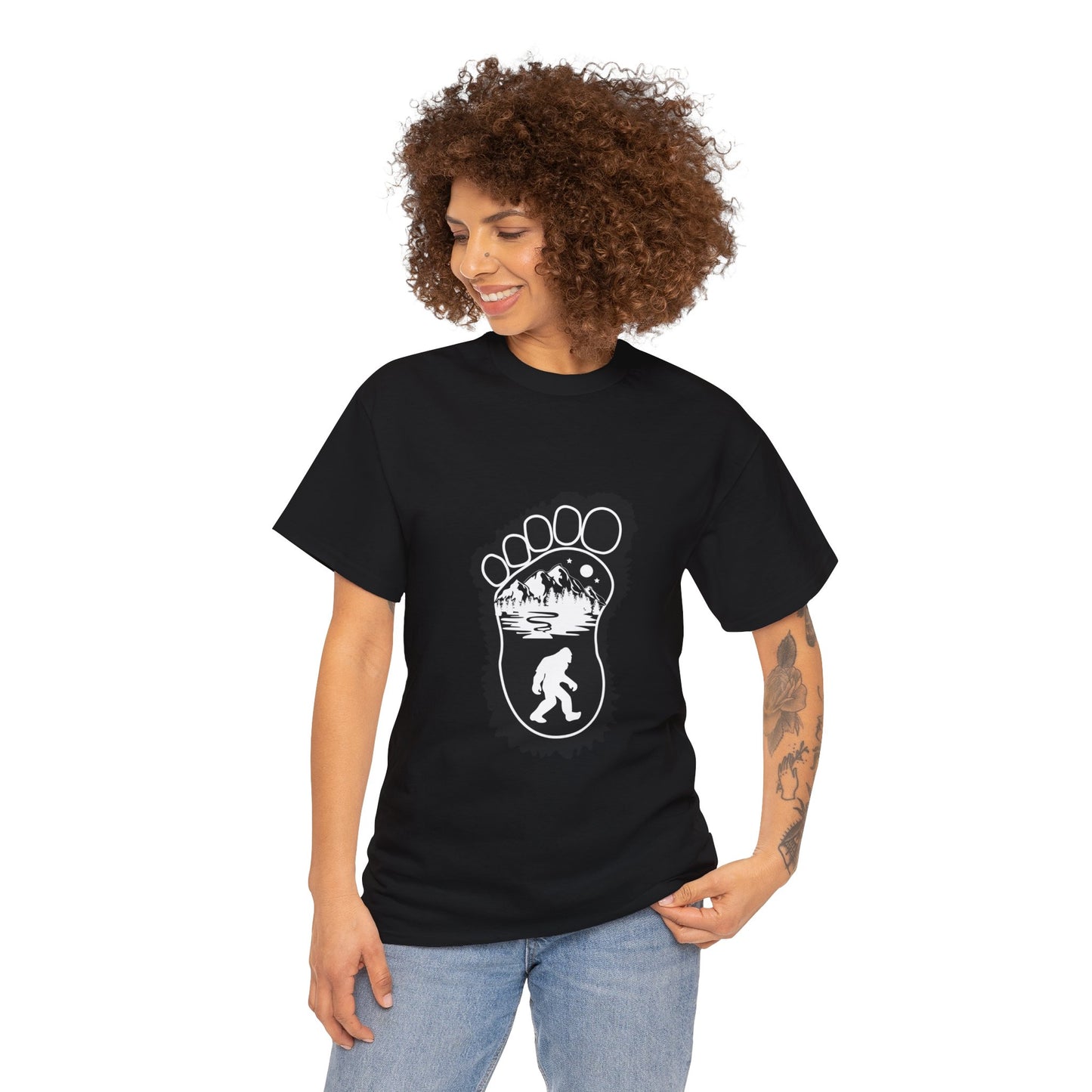 Bigfoot Print with Mountains T-Shirt - Unisex Heavy Cotton Tee