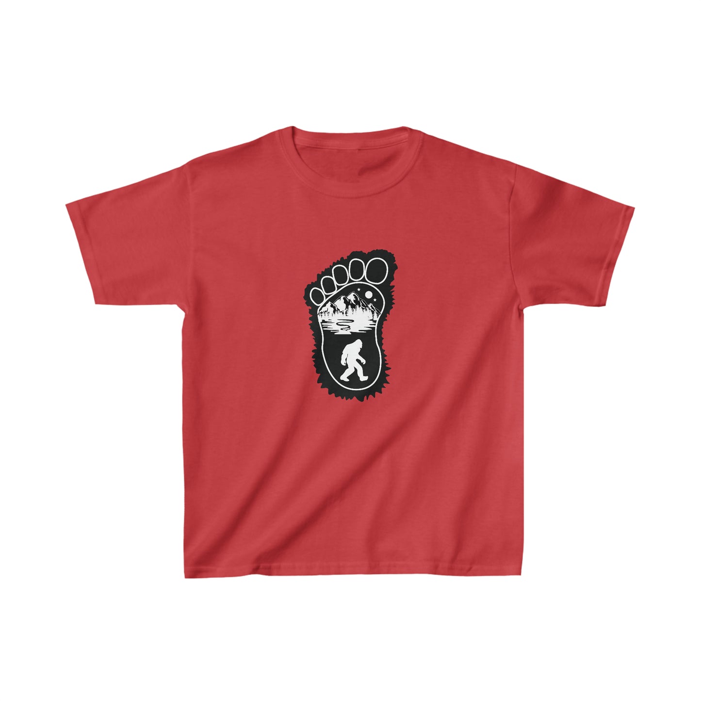 Bigfoot Print with Mountains Youth T-Shirt - Kids Heavy Cotton™ Tee - Bigfoot Bigheart Studio