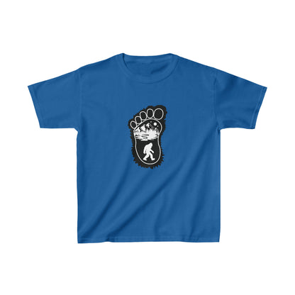 Bigfoot Print with Mountains Youth T-Shirt - Kids Heavy Cotton™ Tee - Bigfoot Bigheart Studio