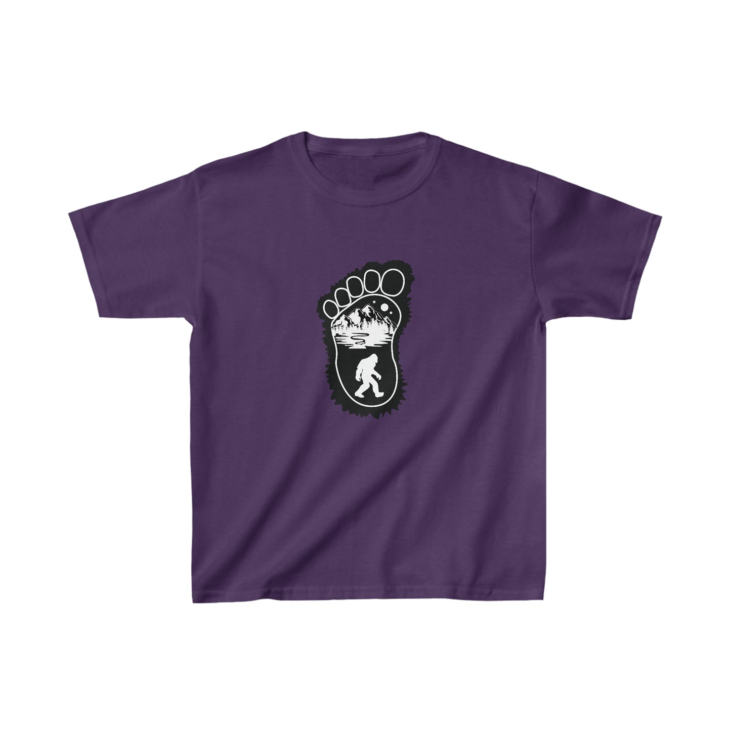 Bigfoot Print with Mountains Youth T-Shirt - Kids Heavy Cotton™ Tee - Bigfoot Bigheart Studio