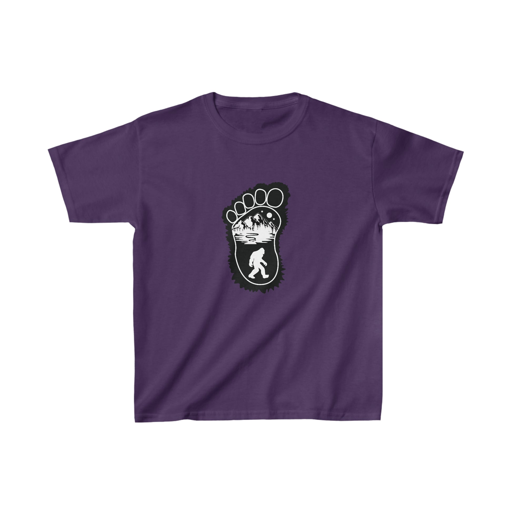 Bigfoot Print with Mountains Youth T-Shirt - Kids Heavy Cotton™ Tee - Bigfoot Bigheart Studio