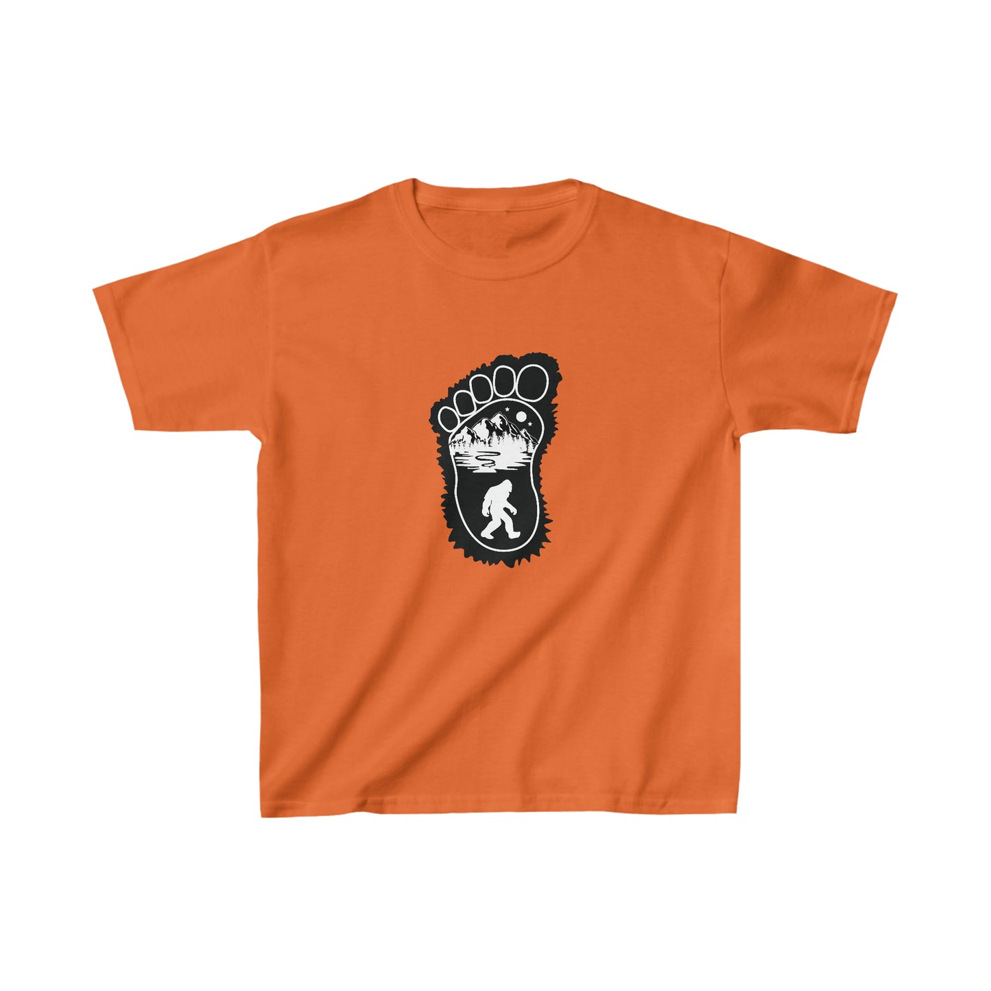 Bigfoot Print with Mountains Youth T-Shirt - Kids Heavy Cotton™ Tee - Bigfoot Bigheart Studio