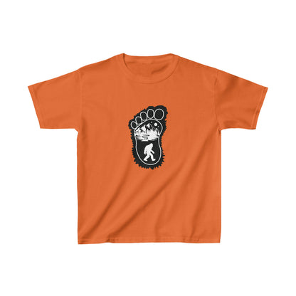 Bigfoot Print with Mountains Youth T-Shirt - Kids Heavy Cotton™ Tee - Bigfoot Bigheart Studio