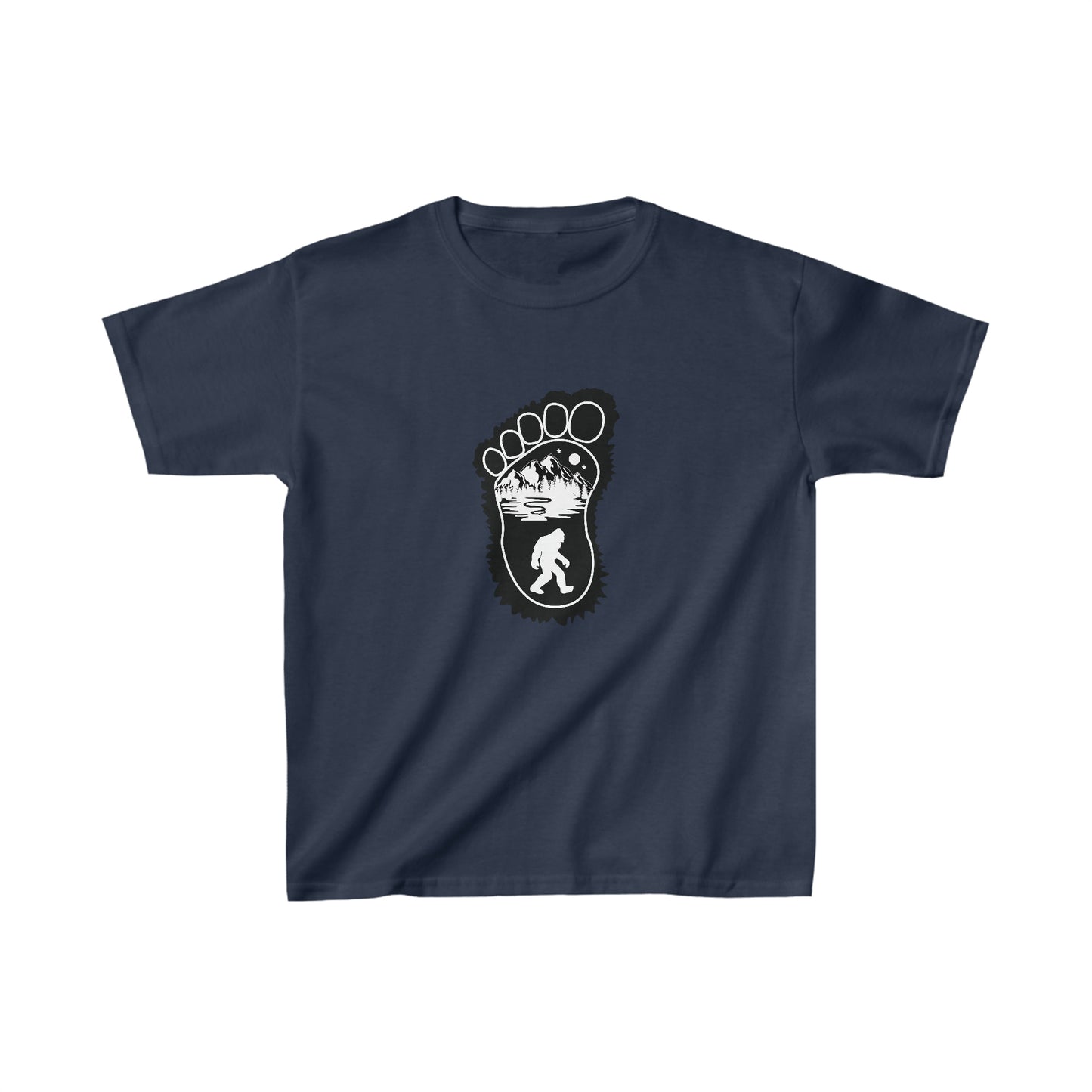 Bigfoot Print with Mountains Youth T-Shirt - Kids Heavy Cotton™ Tee - Bigfoot Bigheart Studio