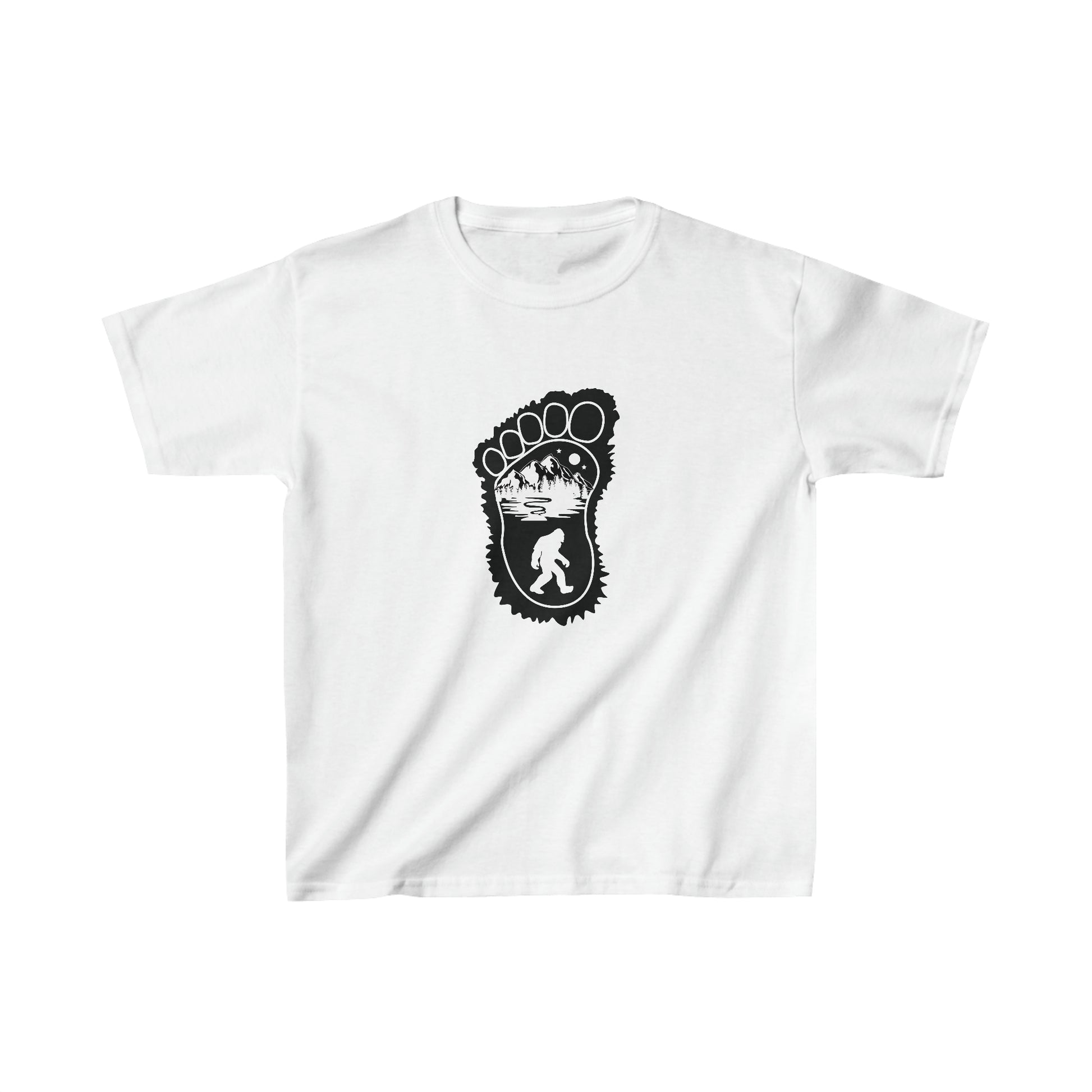 Bigfoot Print with Mountains Youth T-Shirt - Kids Heavy Cotton™ Tee - Bigfoot Bigheart Studio