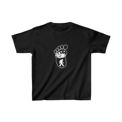 Bigfoot Print with Mountains Youth T-Shirt - Kids Heavy Cotton™ Tee - Bigfoot Bigheart Studio