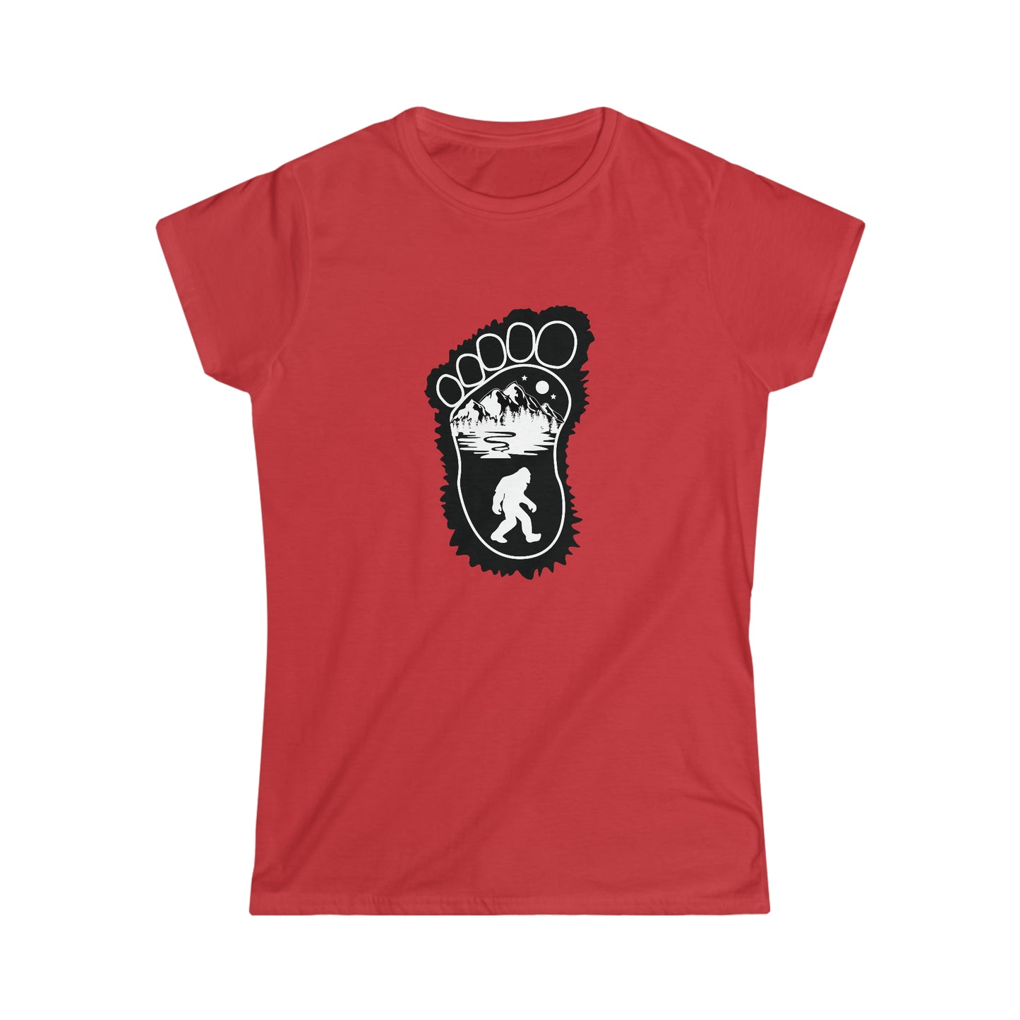 Bigfoot Print with Mountains - Women's Softstyle Tee - Bigfoot Bigheart Studio