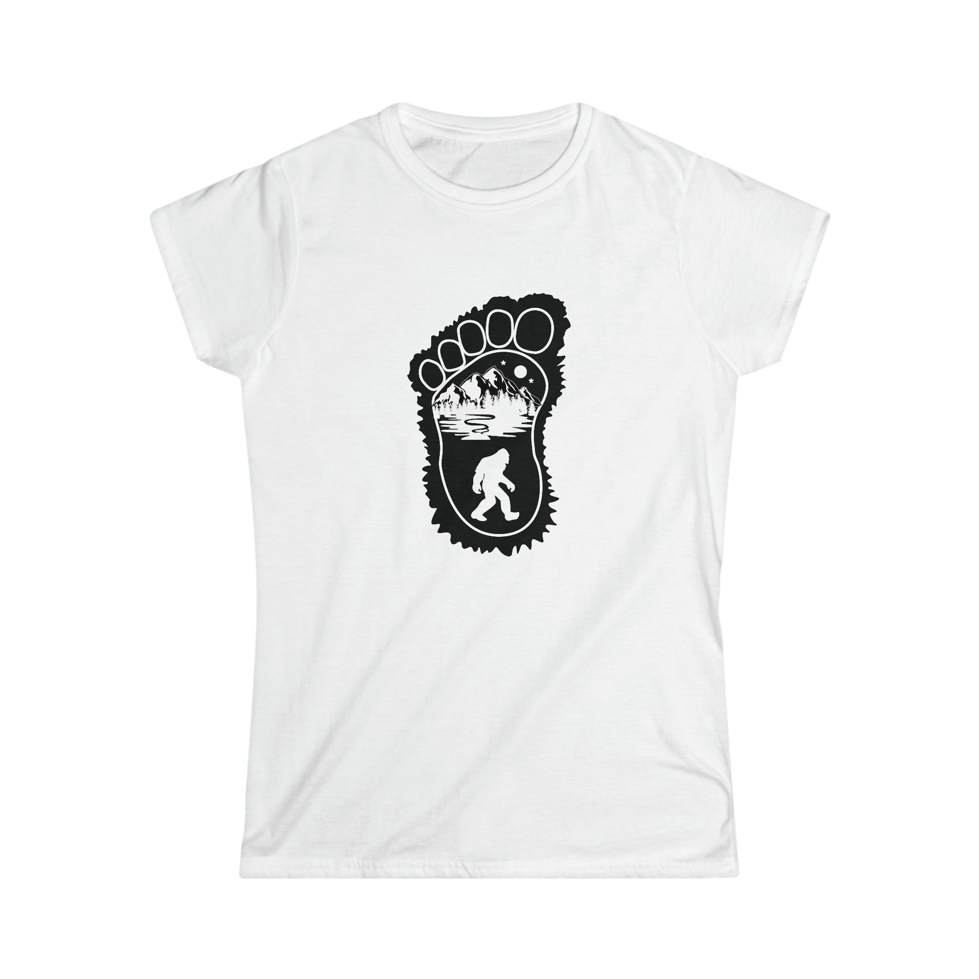 Bigfoot Print with Mountains - Women's Softstyle Tee - Bigfoot Bigheart Studio