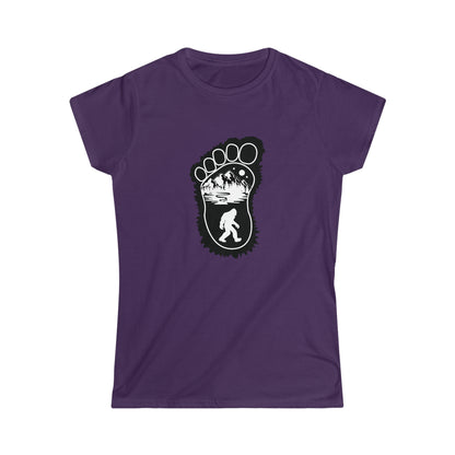 Bigfoot Print with Mountains - Women's Softstyle Tee - Bigfoot Bigheart Studio