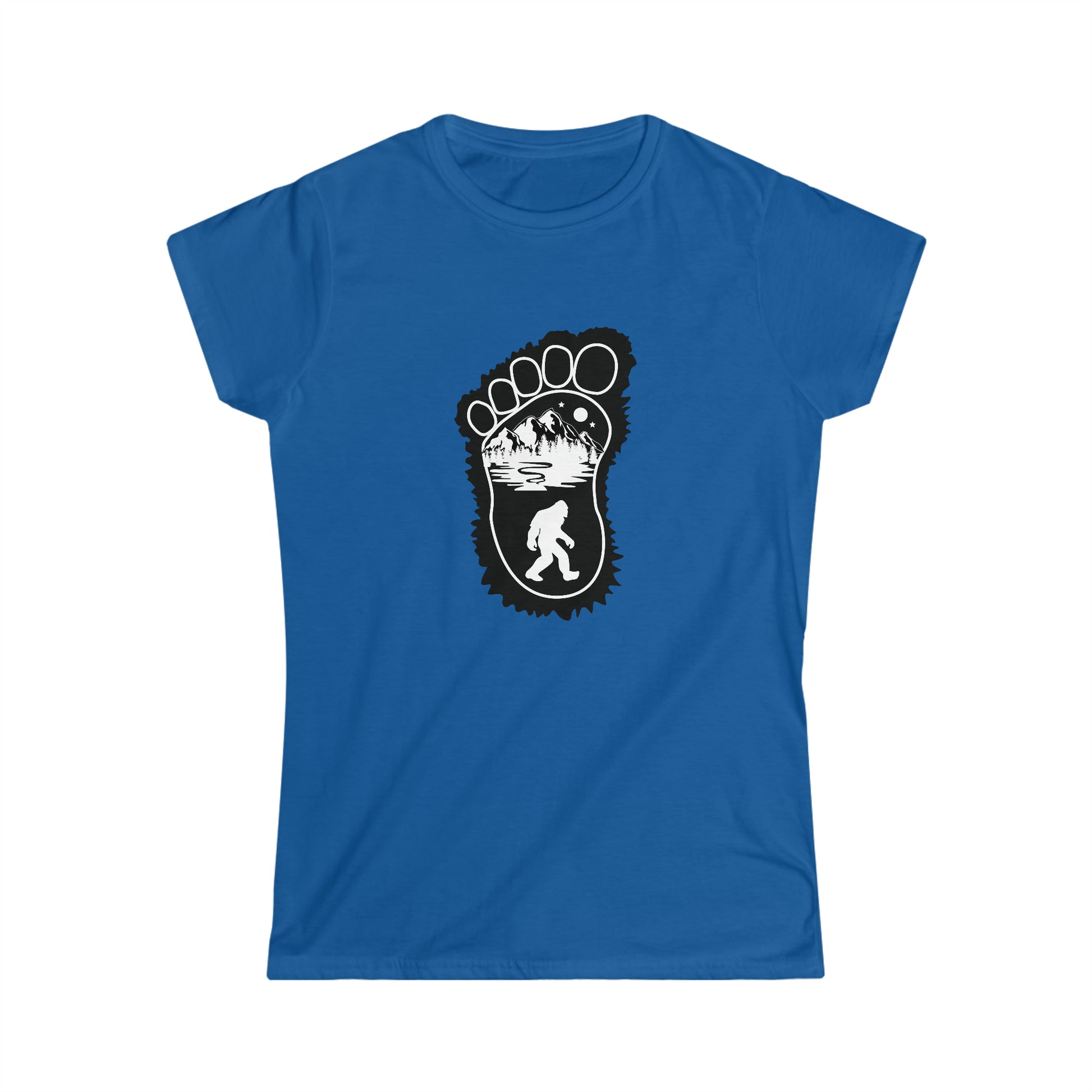 Bigfoot Print with Mountains - Women's Softstyle Tee - Bigfoot Bigheart Studio