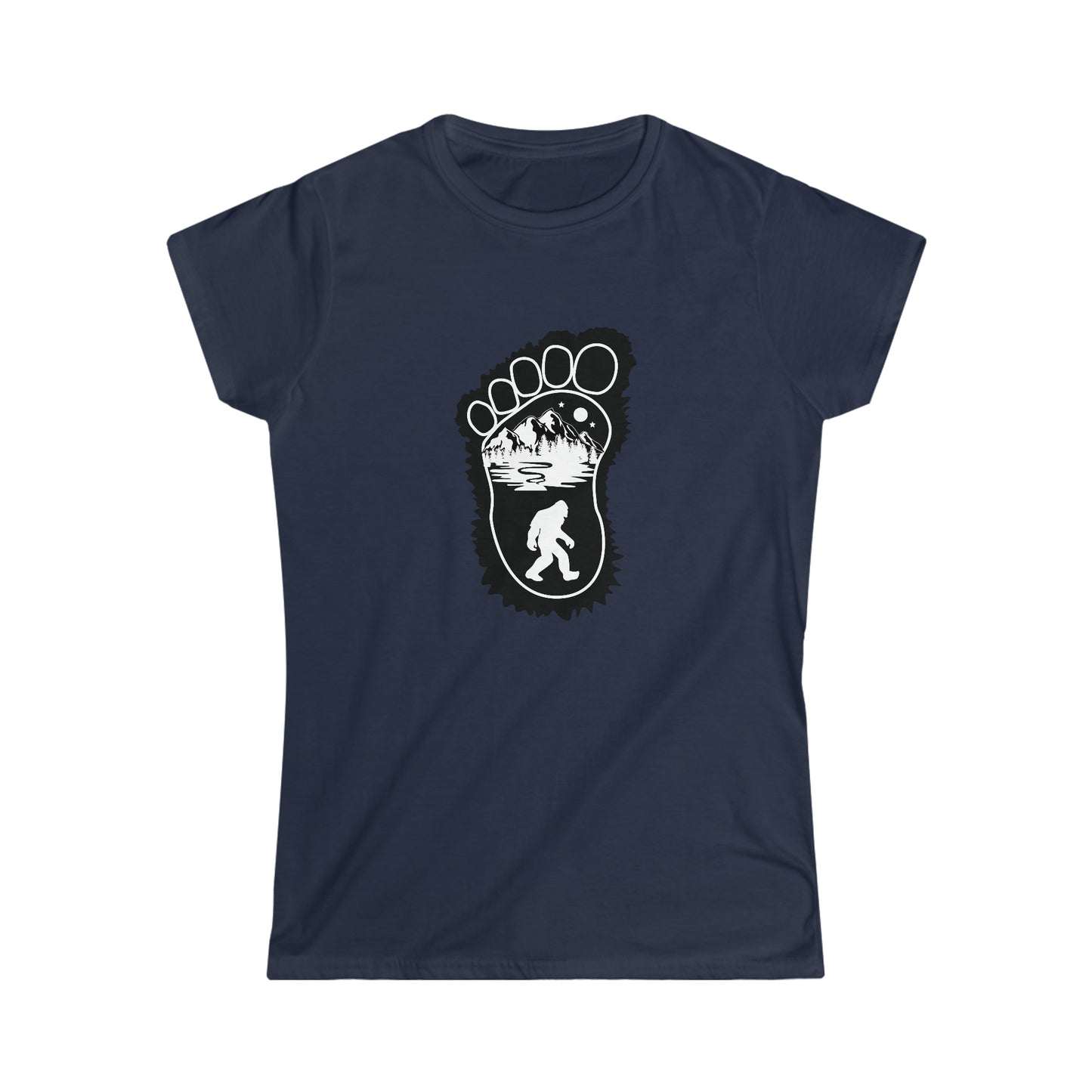 Bigfoot Print with Mountains - Women's Softstyle Tee - Bigfoot Bigheart Studio