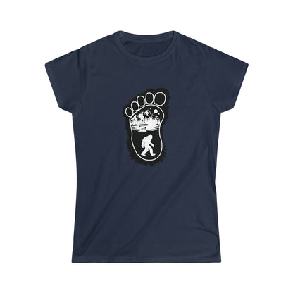 Bigfoot Print with Mountains - Women's Softstyle Tee - Bigfoot Bigheart Studio