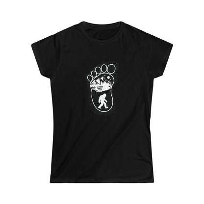 Bigfoot Print with Mountains - Women's Softstyle Tee - Bigfoot Bigheart Studio