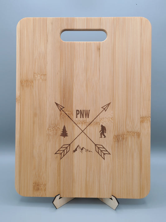 Pacific Northwest PNW Crossed Arrows - Bamboo Cutting Board - Bigfoot Bigheart Studio