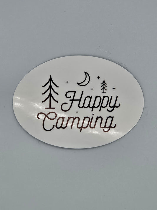 Happy Camping Minimalist - Oval Vinyl Sticker - Bigfoot Bigheart Studio