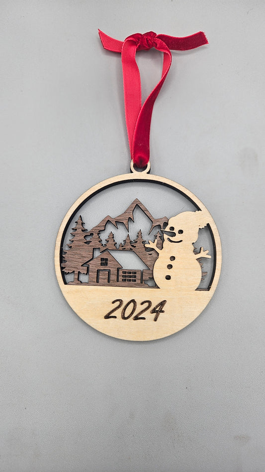 Cabin and Snowman Ornament