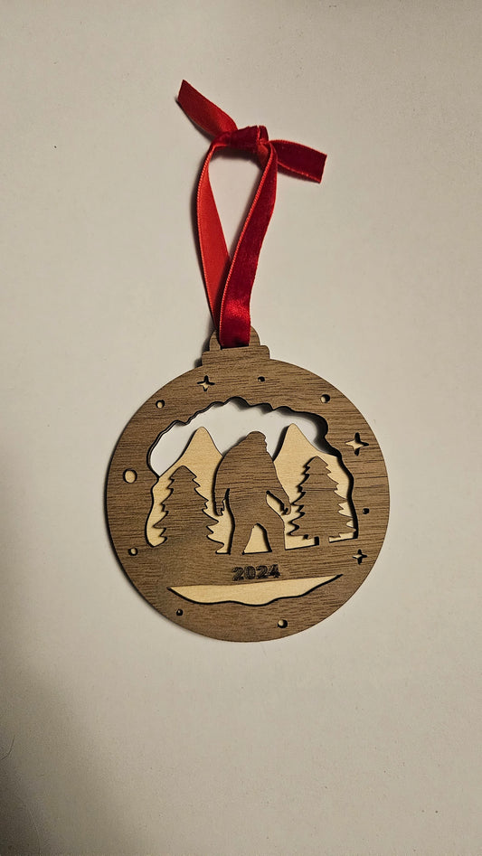 Bigfoot Trees and Mountains Ornament - Sasquatch Christmas Ornament