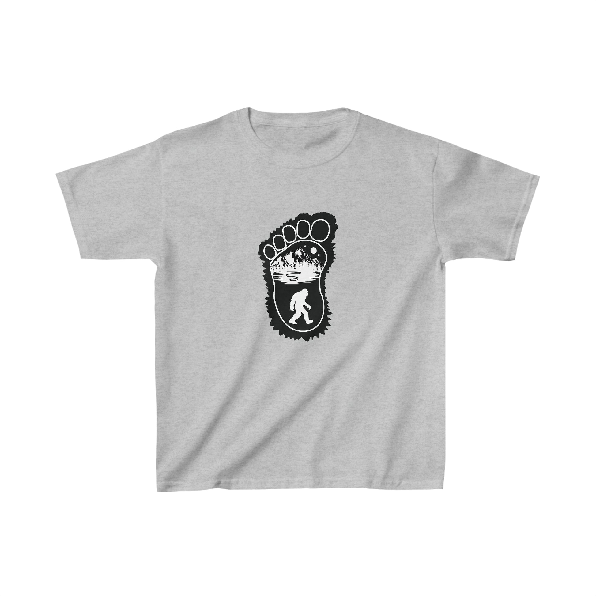 Bigfoot Print with Mountains Youth T-Shirt - Kids Heavy Cotton™ Tee - Bigfoot Bigheart Studio