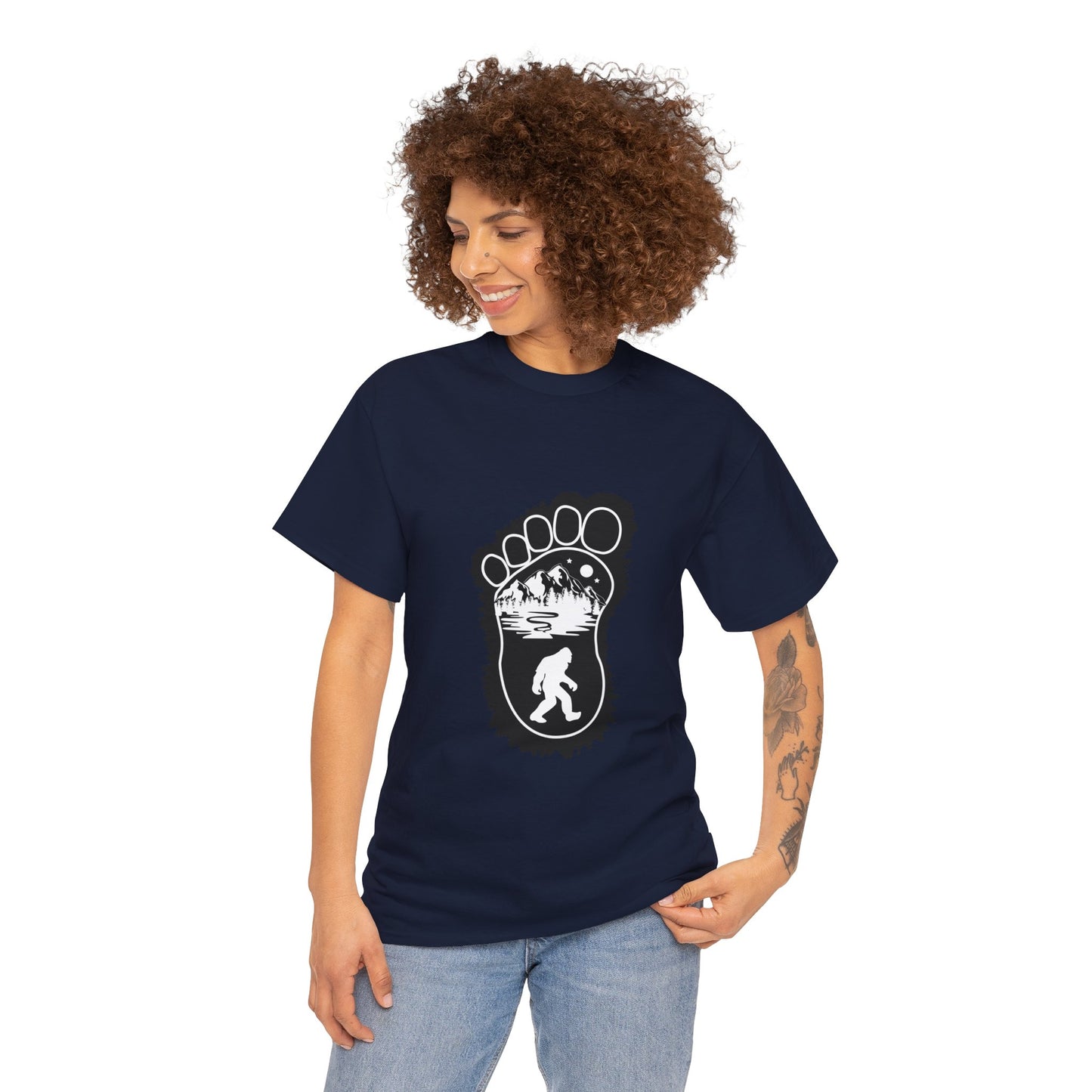 Bigfoot Print with Mountains T-Shirt - Unisex Heavy Cotton Tee