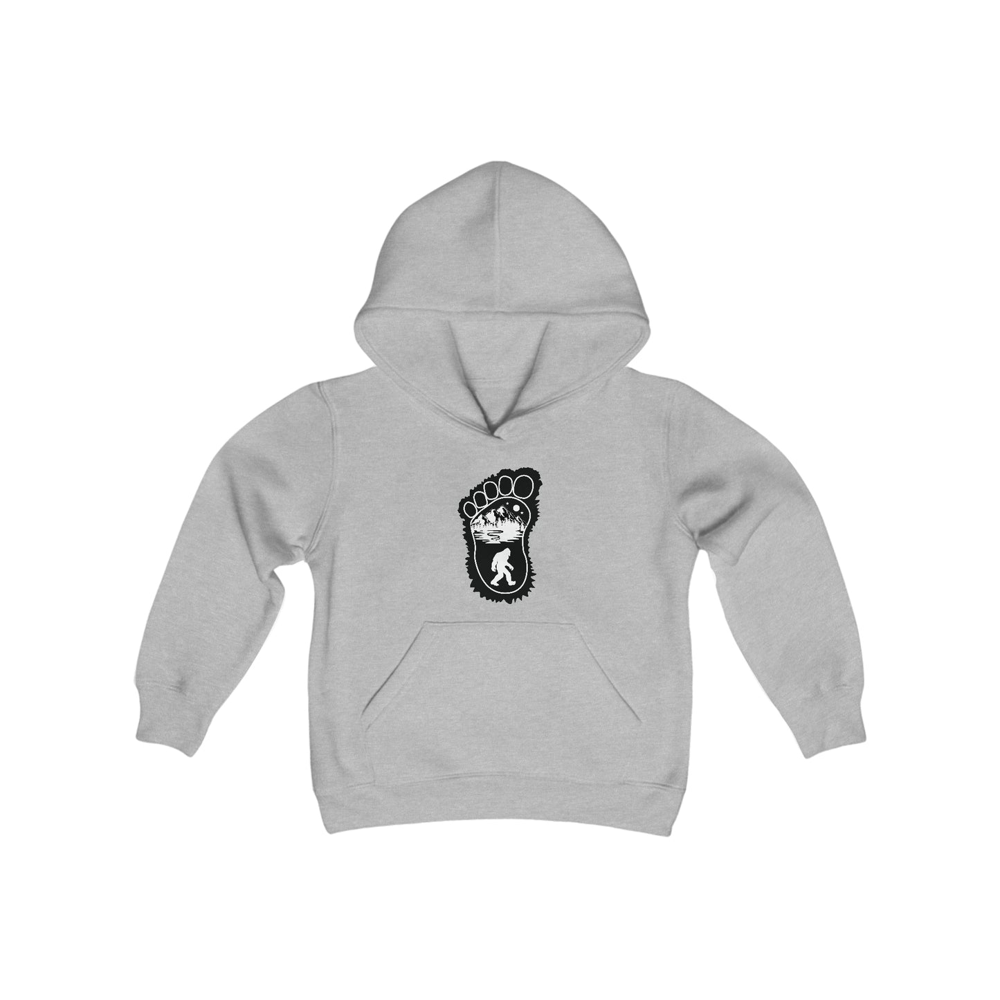 Bigfoot Print with Mountains Hoodie - Youth Heavy Blend Hooded Sweatshirt