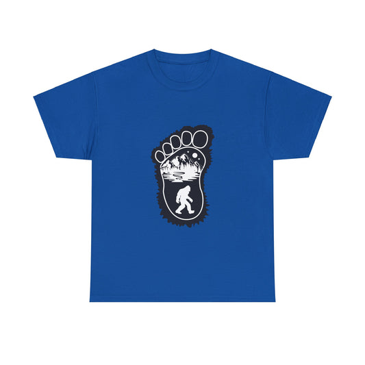 Bigfoot Print with Mountains T-Shirt - Unisex Heavy Cotton Tee