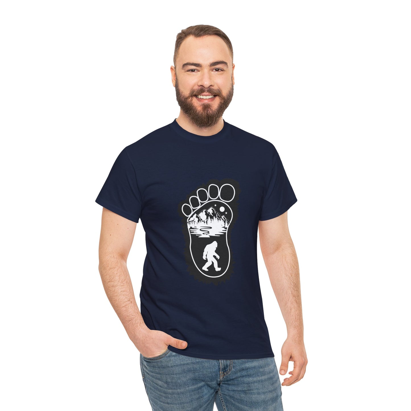 Bigfoot Print with Mountains T-Shirt - Unisex Heavy Cotton Tee