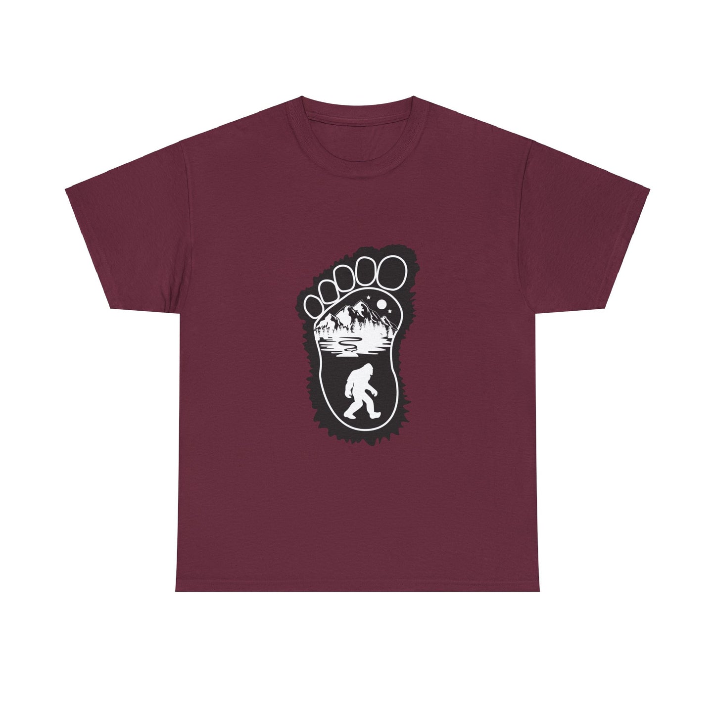 Bigfoot Print with Mountains T-Shirt - Unisex Heavy Cotton Tee