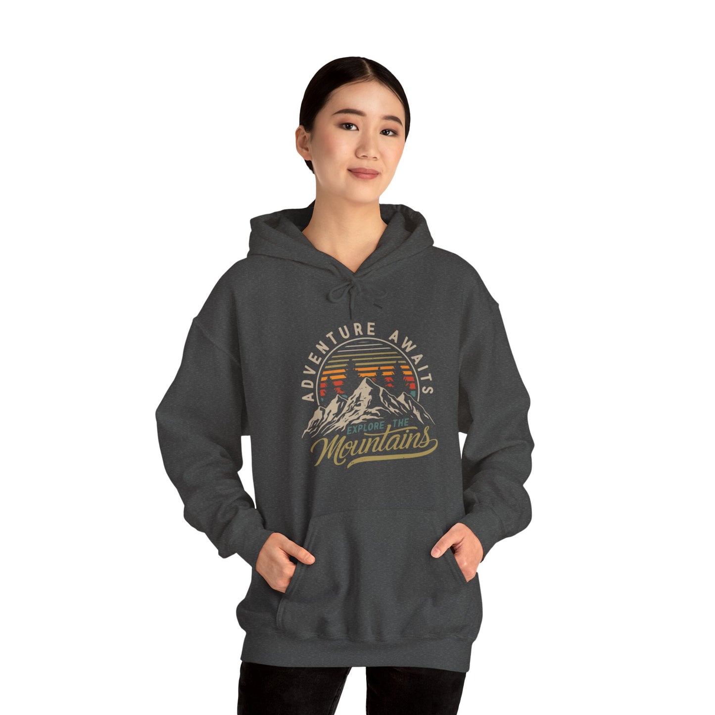 Adventure Awaits Explore the Mountains Hoodie - Unisex Heavy Blend™ Hooded Sweatshirt - Bigfoot Bigheart Studio