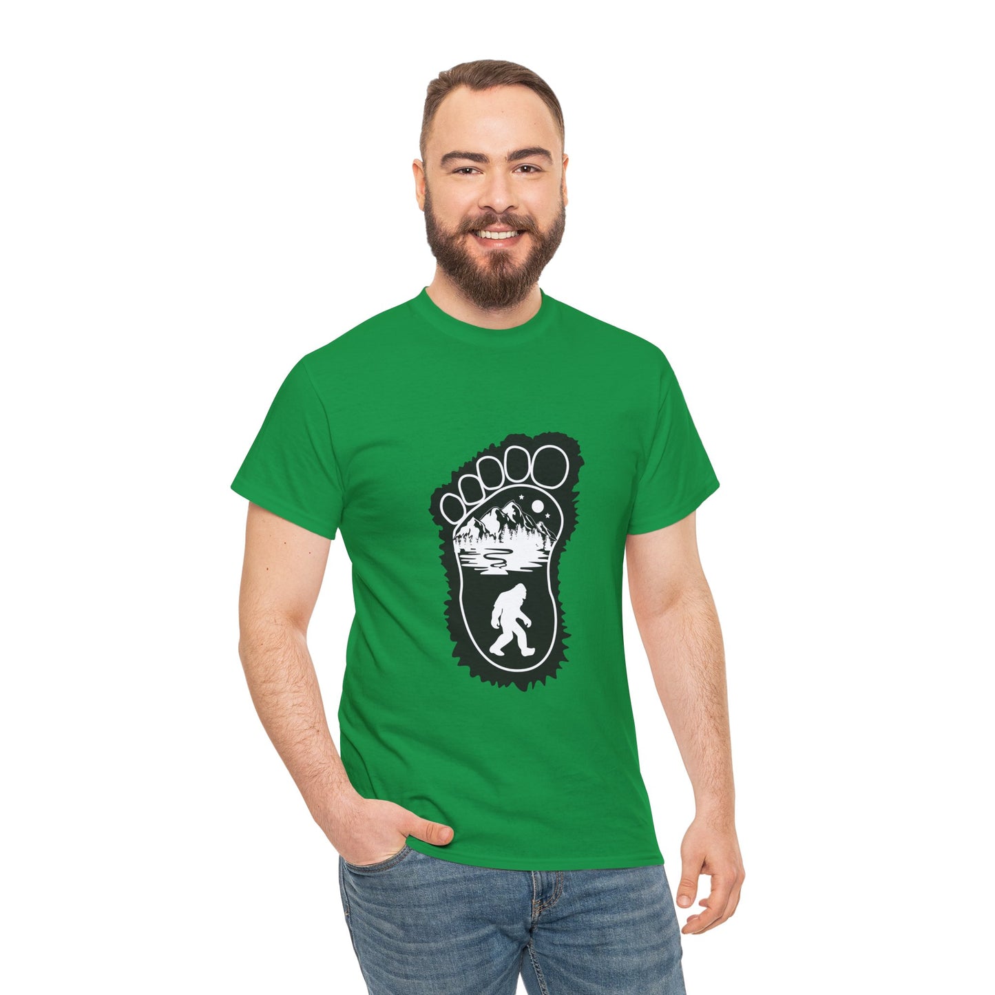 Bigfoot Print with Mountains T-Shirt - Unisex Heavy Cotton Tee