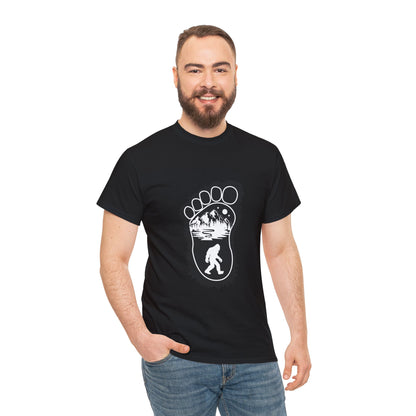 Bigfoot Print with Mountains T-Shirt - Unisex Heavy Cotton Tee