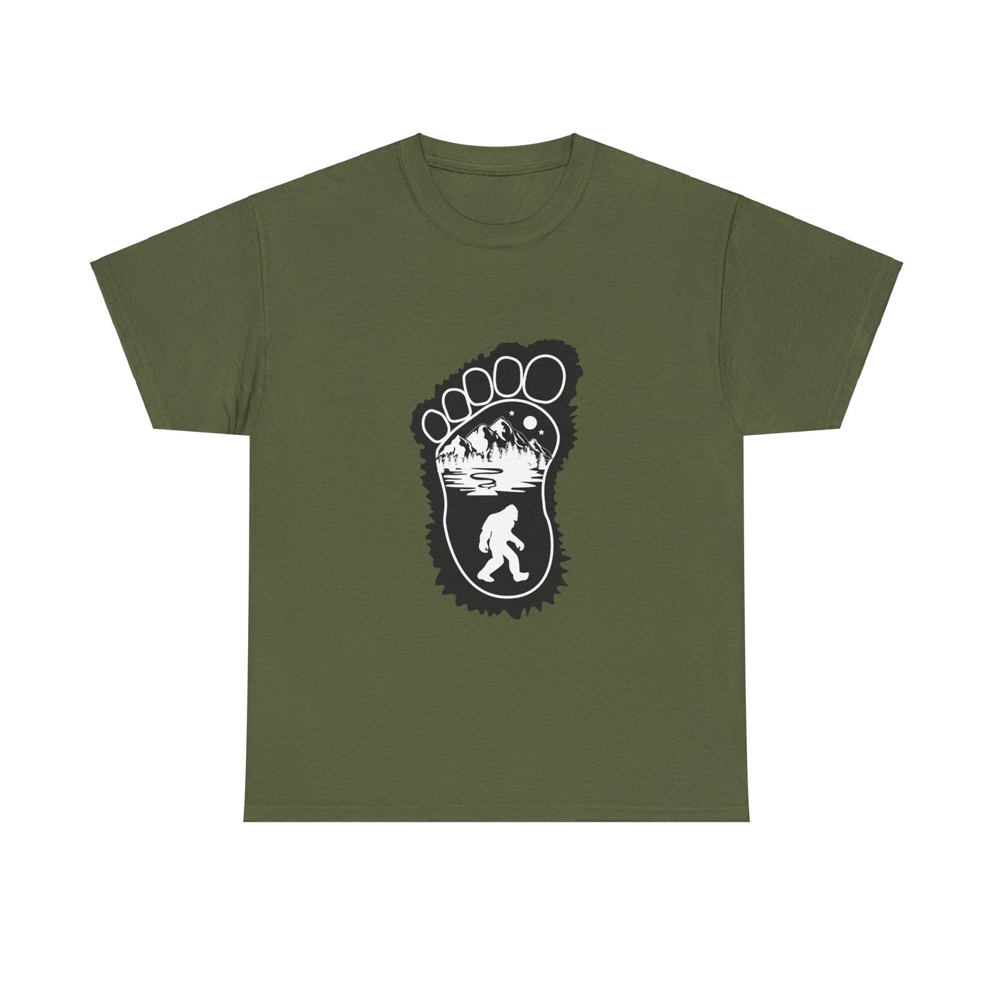 Bigfoot Print with Mountains T-Shirt - Unisex Heavy Cotton Tee