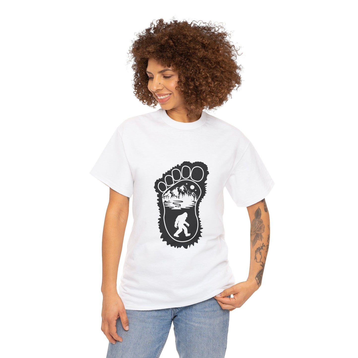 Bigfoot Print with Mountains T-Shirt - Unisex Heavy Cotton Tee