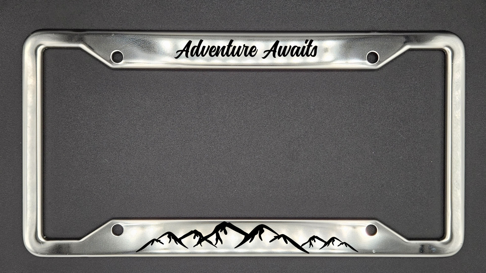 Adventure Awaits - Stainless Steel License Plate Frame - Bigfoot Bigheart Studio