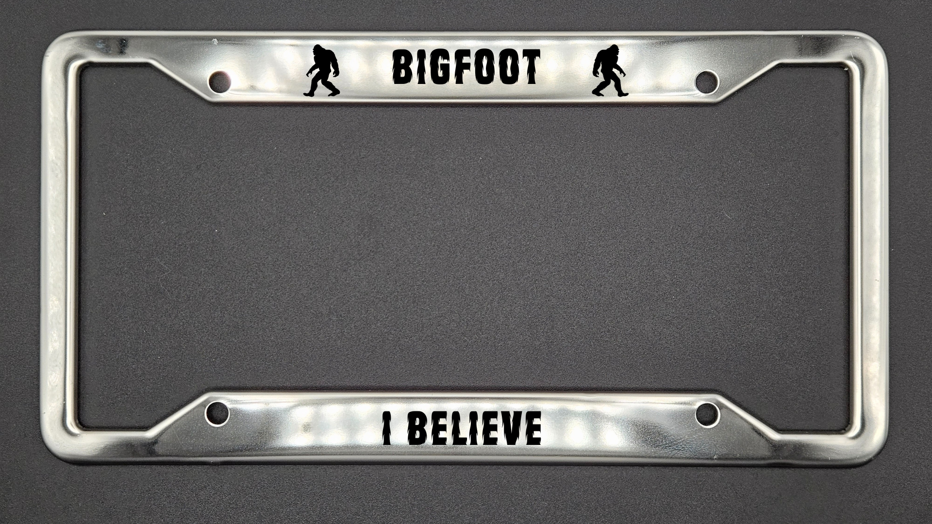 Bigfoot I Believe - Stainless Steel License Plate Frame - Bigfoot Bigheart Studio