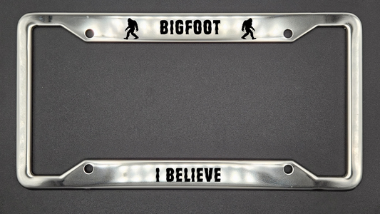 Bigfoot I Believe - Stainless Steel License Plate Frame - Bigfoot Bigheart Studio