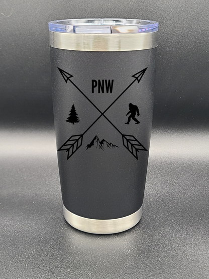 Pacific Northwest PNW Crossed Arrows - Customizable 20 Oz Coffee Cup - Water Tumbler - Bigfoot Bigheart Studio